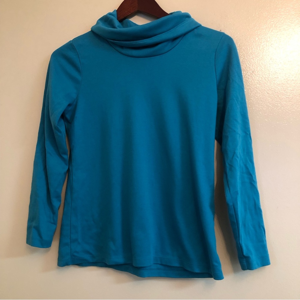 LL BEAN Supima Cotton Jersey Top XS Teal Blue Mock Neck Pullover Long Sleeve